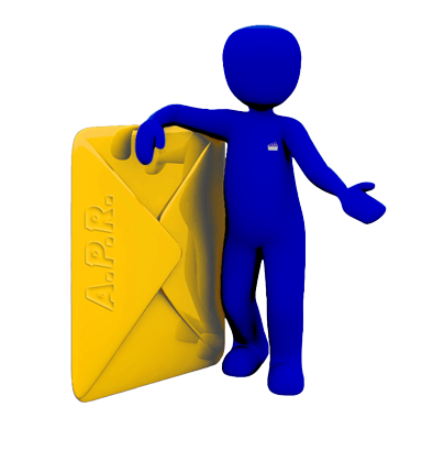 bonhomme bleu avec logo APR et bras sur enveloppe jaune